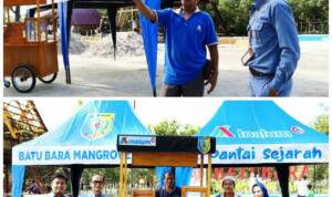 Foto: Kegiatan penyerahan bantuan peralatan usaha dari PT. INALUM (Persero) kepada Kelompok UMKM di Pantai Sejarah Kecamatan Lima Puluh Pesisir Kabupaten Batu Bara, Kamis (16/06) diabadikan dalam foto