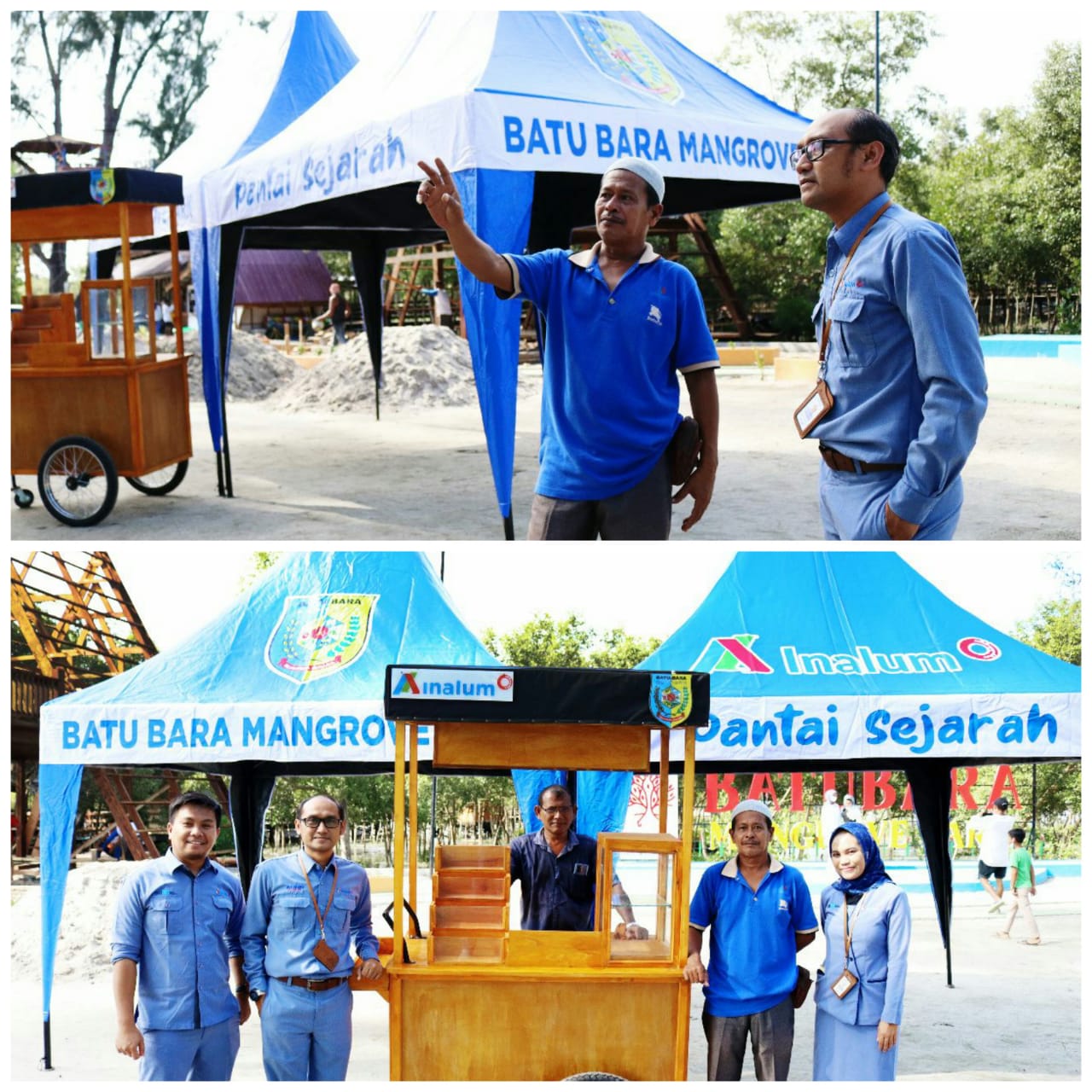 Foto: Kegiatan penyerahan bantuan peralatan usaha dari PT. INALUM (Persero) kepada Kelompok UMKM di Pantai Sejarah Kecamatan Lima Puluh Pesisir Kabupaten Batu Bara, Kamis (16/06) diabadikan dalam foto