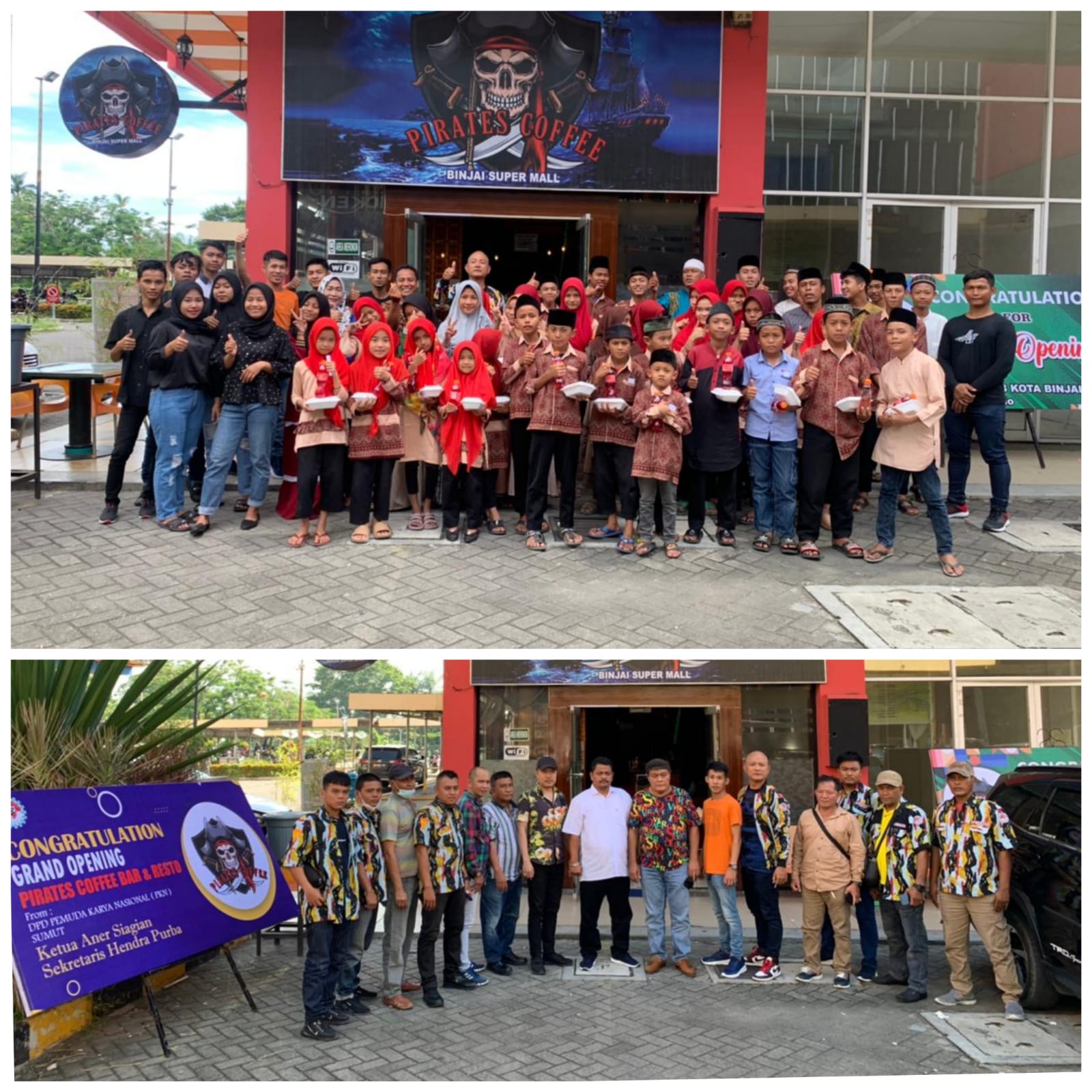 Foto : Tampak Owner Pirates Coffee, DPW PKN Sumut, PKN Kota Binjai, Pengurus PWI Kota Binjai, Pengurus SMSI Binjai-Langkat saat memberikan tali asih kepada Anak-Anak Yatim.