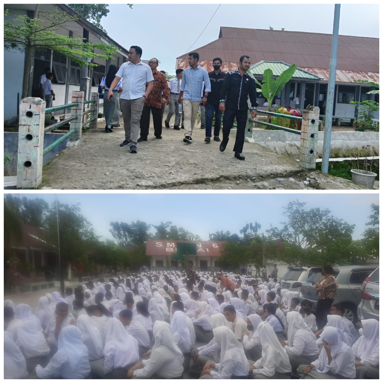 Foto : Ketua Umum Binjai City FC didampingi Pelatih Kepala Saktiawan Sinaga bersama Kepala Sekolah SMU 6 Sujarno, Para Guru dan Siswa SMU Negri 6 saat diabadikan.