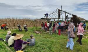 Foto : Kelompok tani mekar jaya saat melaksanakan gotong royong membuat pos penjagaan di lahan yang sudah 15 tahun diduduki. (tabloidpolmaspoldasu.com/Ist)