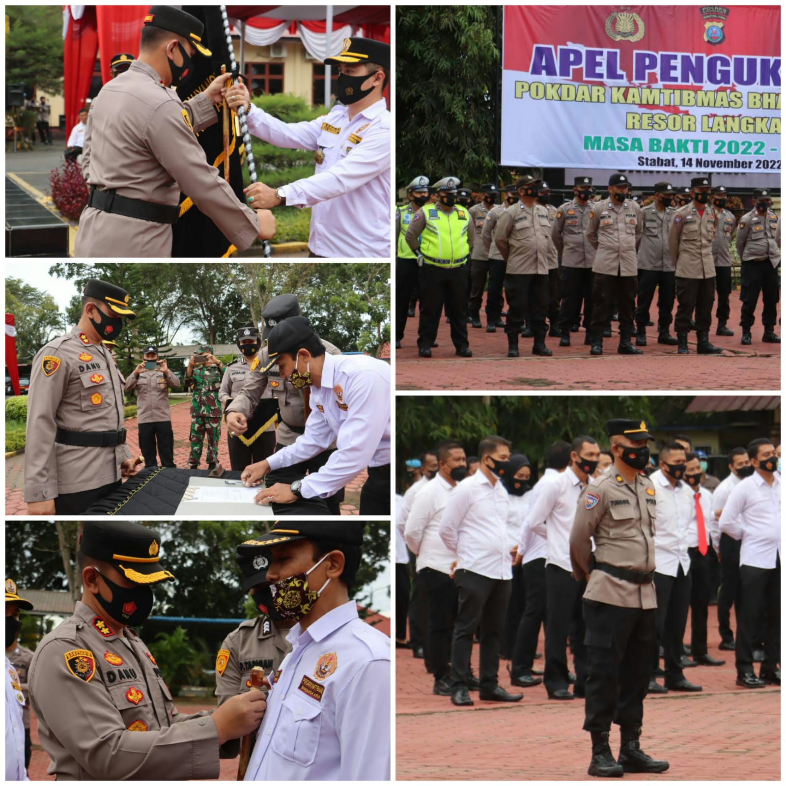 Foto : Kapolres Langkat AKBP Danu Pamungkas Totok, SH.SIK. memberikan bendera petaka dan penyematan pin kepada Warto, Ketua Pokdar Kamtibmas Bhayangkara Resor Langkat (foto/wartawan Tabloid Polmas Poldasu Langkat)