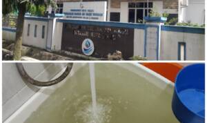 Foto : Kantor PDAM Tirtasari Kota Binjai Jl. Wongonsidi, No. 22 Kota Binjai dan tampak air keruh milik FZ saat diabadikan. (tabloidpolmaspoldasu.com/Ist)