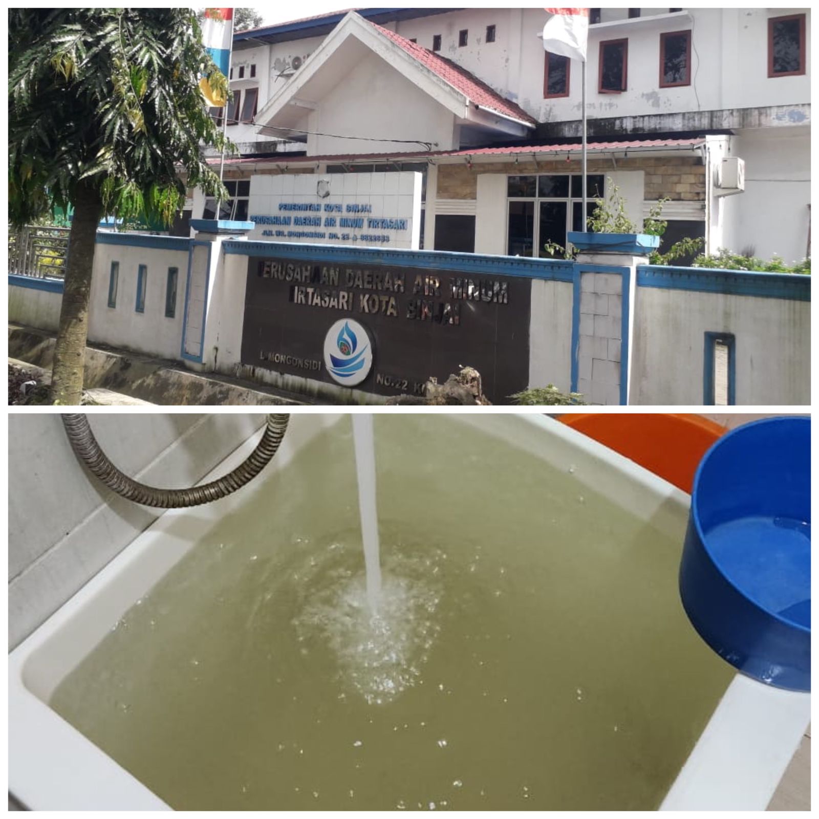 Foto : Kantor PDAM Tirtasari Kota Binjai Jl. Wongonsidi, No. 22 Kota Binjai dan tampak air keruh milik FZ saat diabadikan. (tabloidpolmaspoldasu.com/Ist)